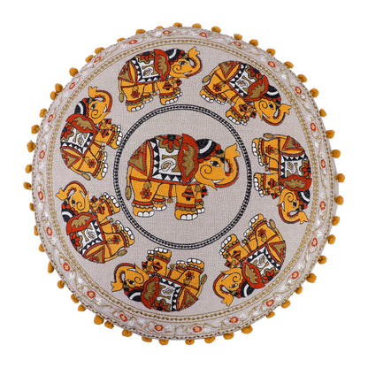 Handcrafted Cotton Elephant Embroidery Pouf 17" x 15"  Boho Accent Ottoman, Footrest, or Extra Seating - Natural Orange Multi