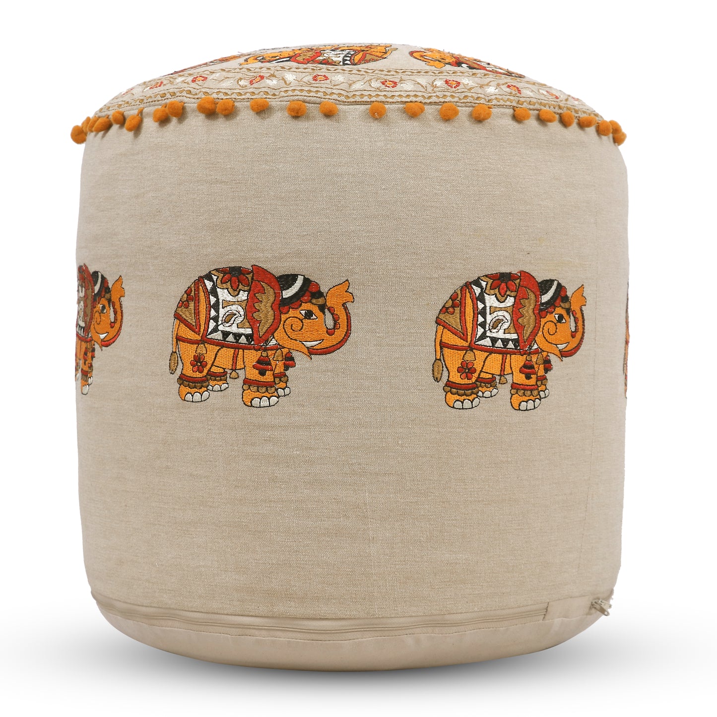 Handcrafted Cotton Elephant Embroidery Pouf 17" x 15"  Boho Accent Ottoman, Footrest, or Extra Seating - Natural Orange Multi