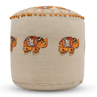 Handcrafted Cotton Elephant Embroidery Pouf 17" x 15"  Boho Accent Ottoman, Footrest, or Extra Seating - Natural Orange Multi