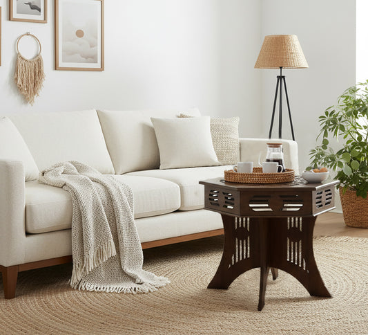Hand-Carved Solid Wood Mediterranean Accent End Table – Six-Sided Folding Side Table, 24 x 20 inches - Antique Brown, No Tools Required, Easy Assembly