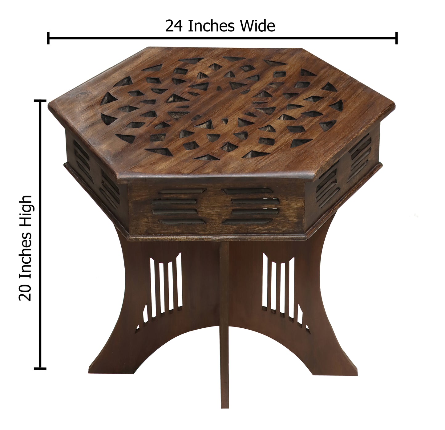 Hand-Carved Solid Wood Mediterranean Accent End Table – Six-Sided Folding Side Table, 24 x 20 inches - Antique Brown, No Tools Required, Easy Assembly