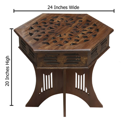 Hand-Carved Solid Wood Mediterranean Accent End Table – Six-Sided Folding Side Table, 24 x 20 inches - Antique Brown, No Tools Required, Easy Assembly