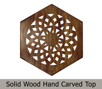 Hand-Carved Solid Wood Mediterranean Accent End Table – Six-Sided Folding Side Table, 24 x 20 inches - Antique Brown, No Tools Required, Easy Assembly