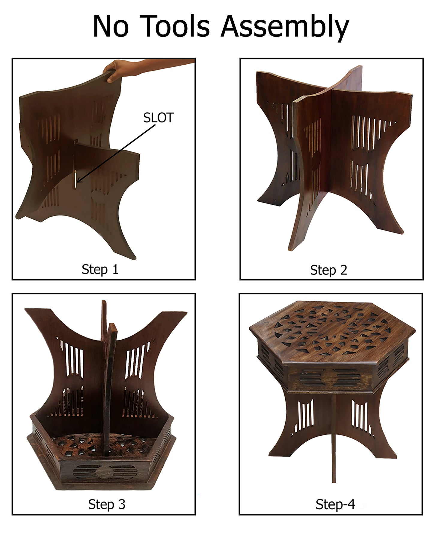 Hand-Carved Solid Wood Mediterranean Accent End Table – Six-Sided Folding Side Table, 24 x 20 inches - Antique Brown, No Tools Required, Easy Assembly
