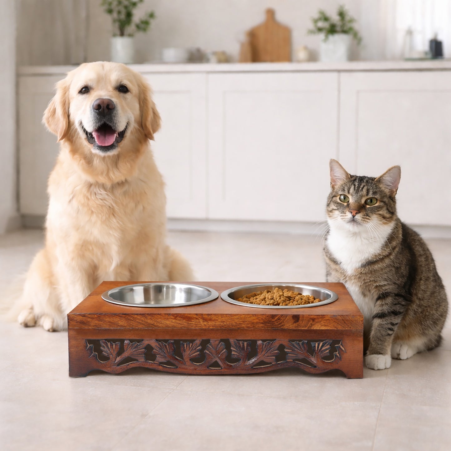 Hand carved Wooden Double Pet Feeder Stand with Two Stainless Steel Bowls -17”x 11”x  4”- Antique Brown