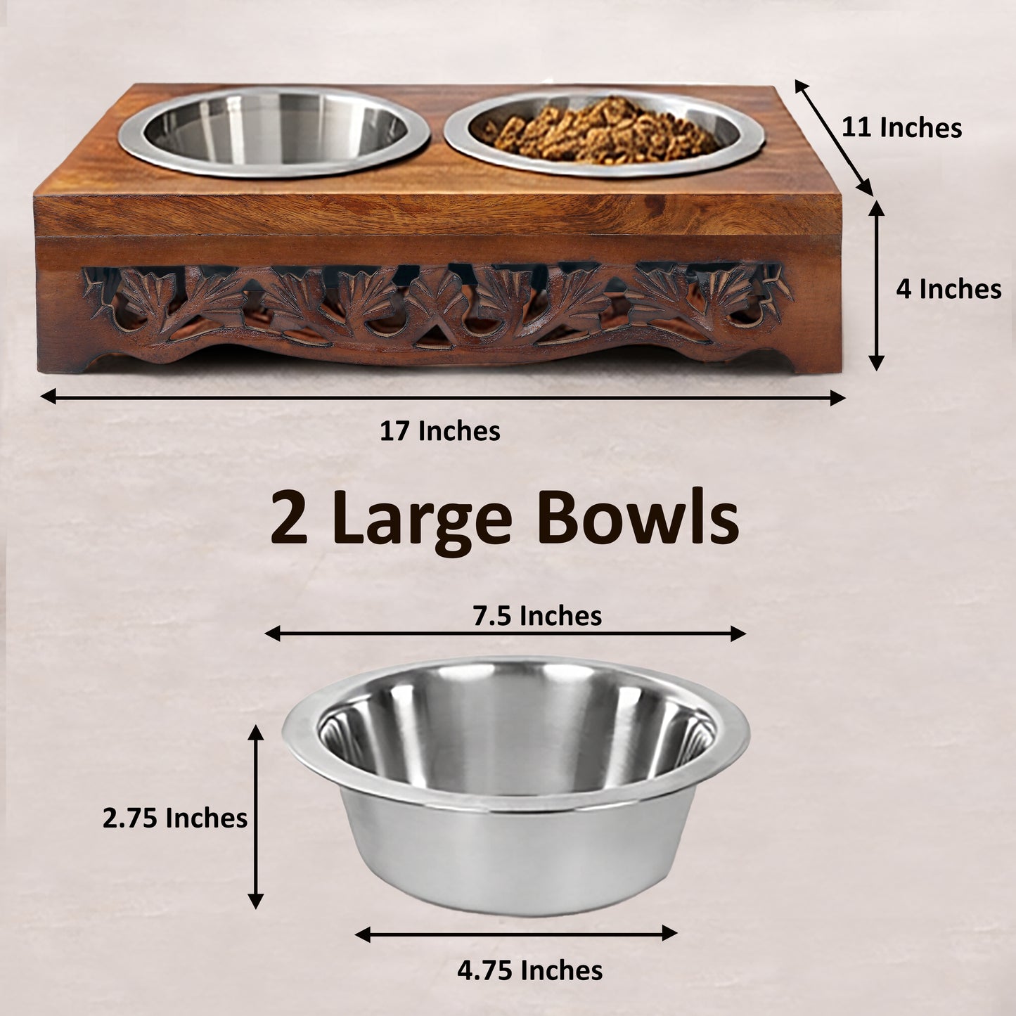 Hand carved Wooden Double Pet Feeder Stand with Two Stainless Steel Bowls -17”x 11”x  4”- Antique Brown