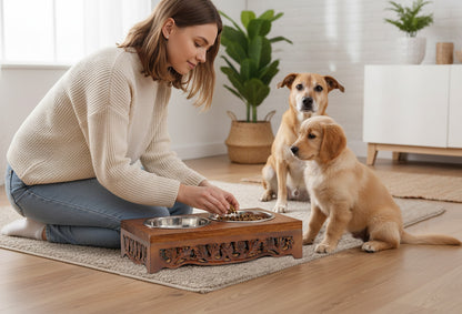 Hand carved Wooden Double Pet Feeder Stand with Two Stainless Steel Bowls -17”x 11”x  4”- Antique Brown