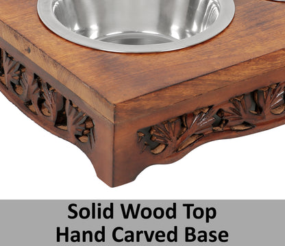 Hand carved Wooden Double Pet Feeder Stand with Two Stainless Steel Bowls -17”x 11”x  4”- Antique Brown