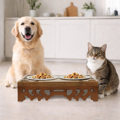 Hand carved Intricate Designed Wooden Double Pet Feeder Stand with Two Stainless Steel Bowls -17”x 11”x 4”- Antique Brown