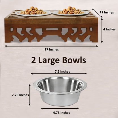 Hand carved Intricate Designed Wooden Double Pet Feeder Stand with Two Stainless Steel Bowls -17”x 11”x 4”- Antique Brown