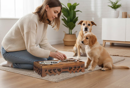 Hand carved Intricate Designed Wooden Double Pet Feeder Stand with Two Stainless Steel Bowls -17”x 11”x 4”- Antique Brown