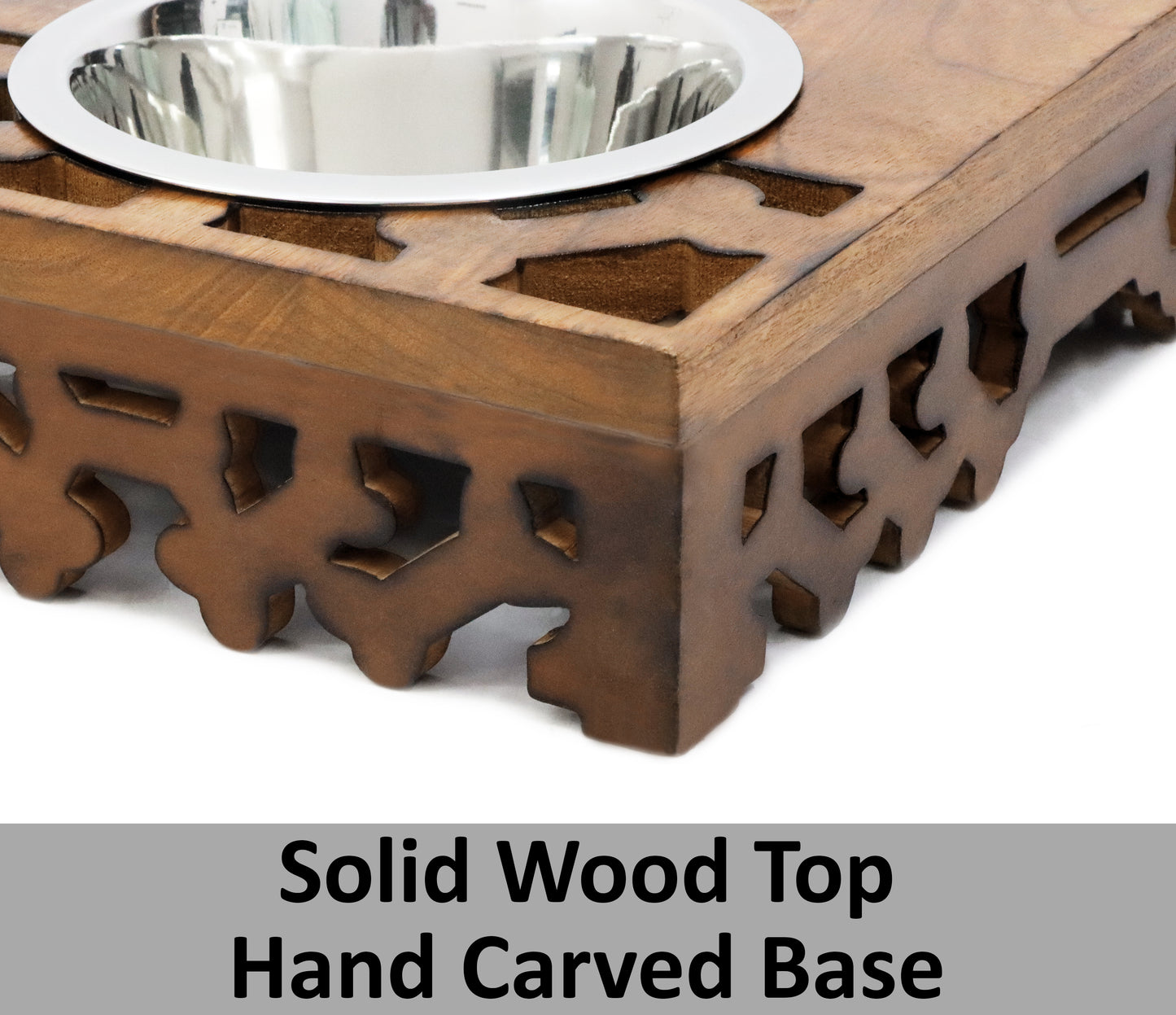 Hand carved Intricate Designed Wooden Double Pet Feeder Stand with Two Stainless Steel Bowls -17”x 11”x 4”- Antique Brown