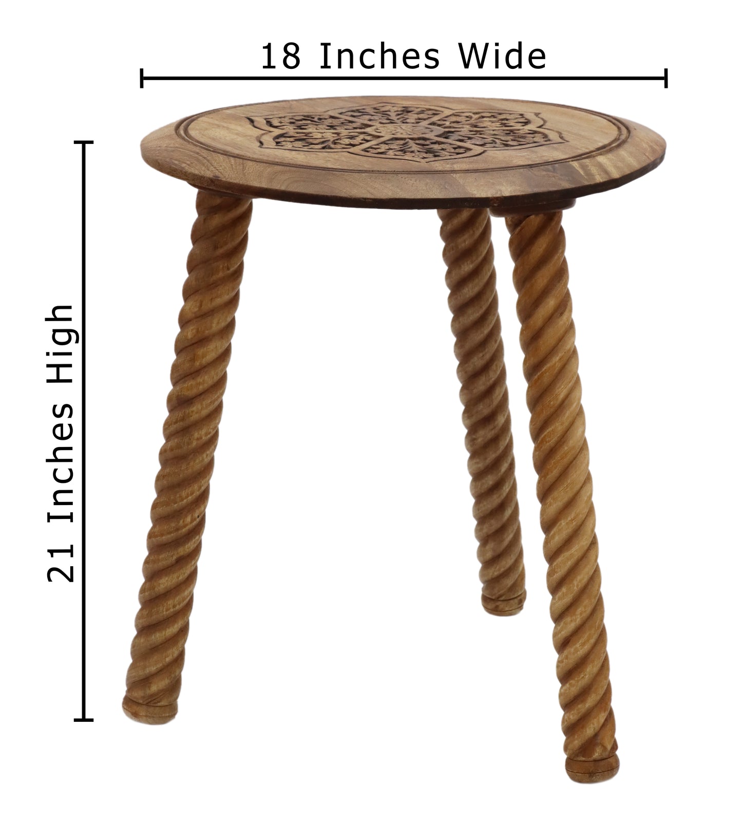 Hand-Carved Wood Round Accent Table with Twisted Legs and Floral Medallion Design- 18 x 21 inches – Natural- Easy Assembly