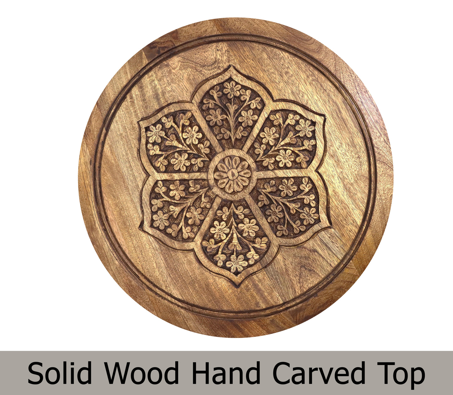 Hand-Carved Wood Round Accent Table with Twisted Legs and Floral Medallion Design- 18 x 21 inches – Natural- Easy Assembly