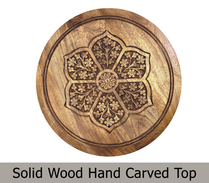 Hand-Carved Wood Round Accent Table with Twisted Legs and Floral Medallion Design- 18 x 21 inches – Natural- Easy Assembly