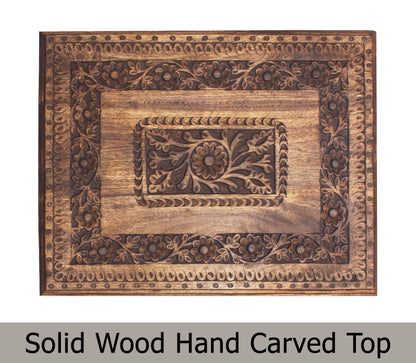 Hand Carved Vintage Wooden Accent Table with Bottom Shelf - 21” x 16” x 18” – Hallway, Entryway, or Sofa Table – Antique Brown – Easy Assembly Required
