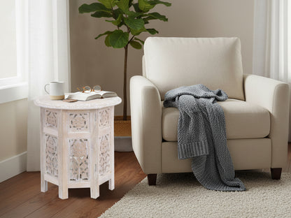 Hand-Carved Round Wood Accent Table with Ornate Leaf Panel Design – 18 x 18 Inches –  Distressed White Finish – No Tools Required, Easy Assembly