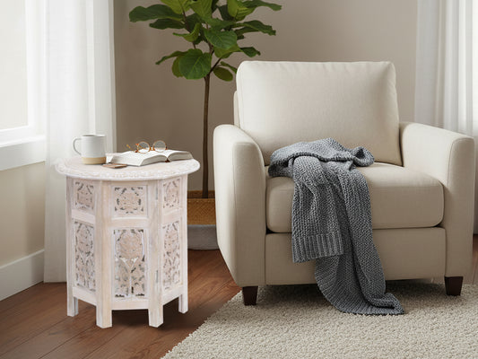 Hand-Carved Round Wood Accent Table with Ornate Leaf Panel Design – 18 x 18 Inches –  Distressed White Finish – No Tools Required, Easy Assembly