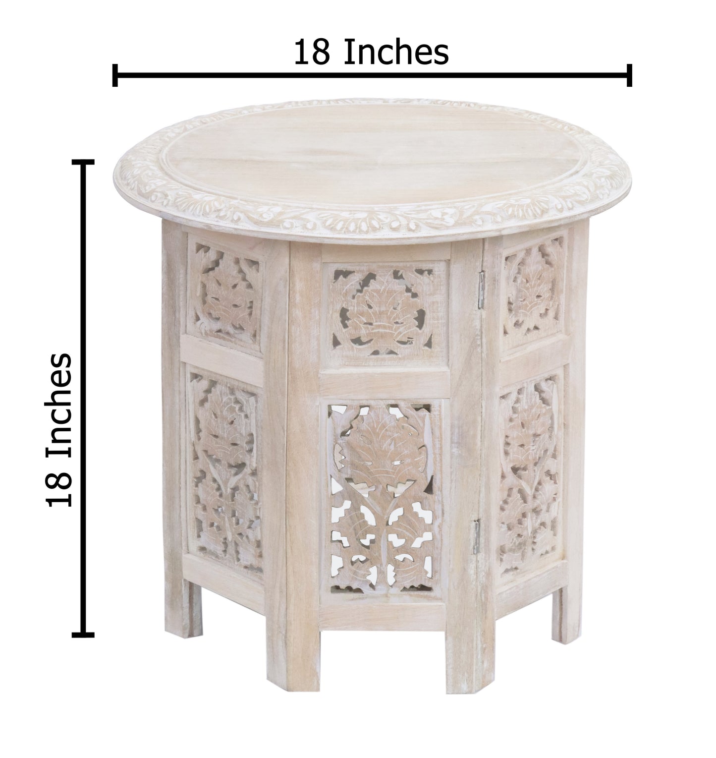 Hand-Carved Round Wood Accent Table with Ornate Leaf Panel Design – 18 x 18 Inches –  Distressed White Finish – No Tools Required, Easy Assembly