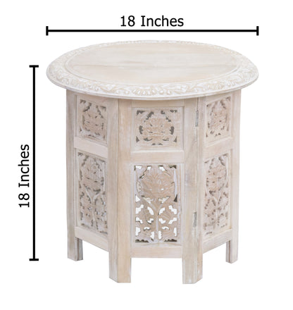 Hand-Carved Round Wood Accent Table with Ornate Leaf Panel Design – 18 x 18 Inches –  Distressed White Finish – No Tools Required, Easy Assembly