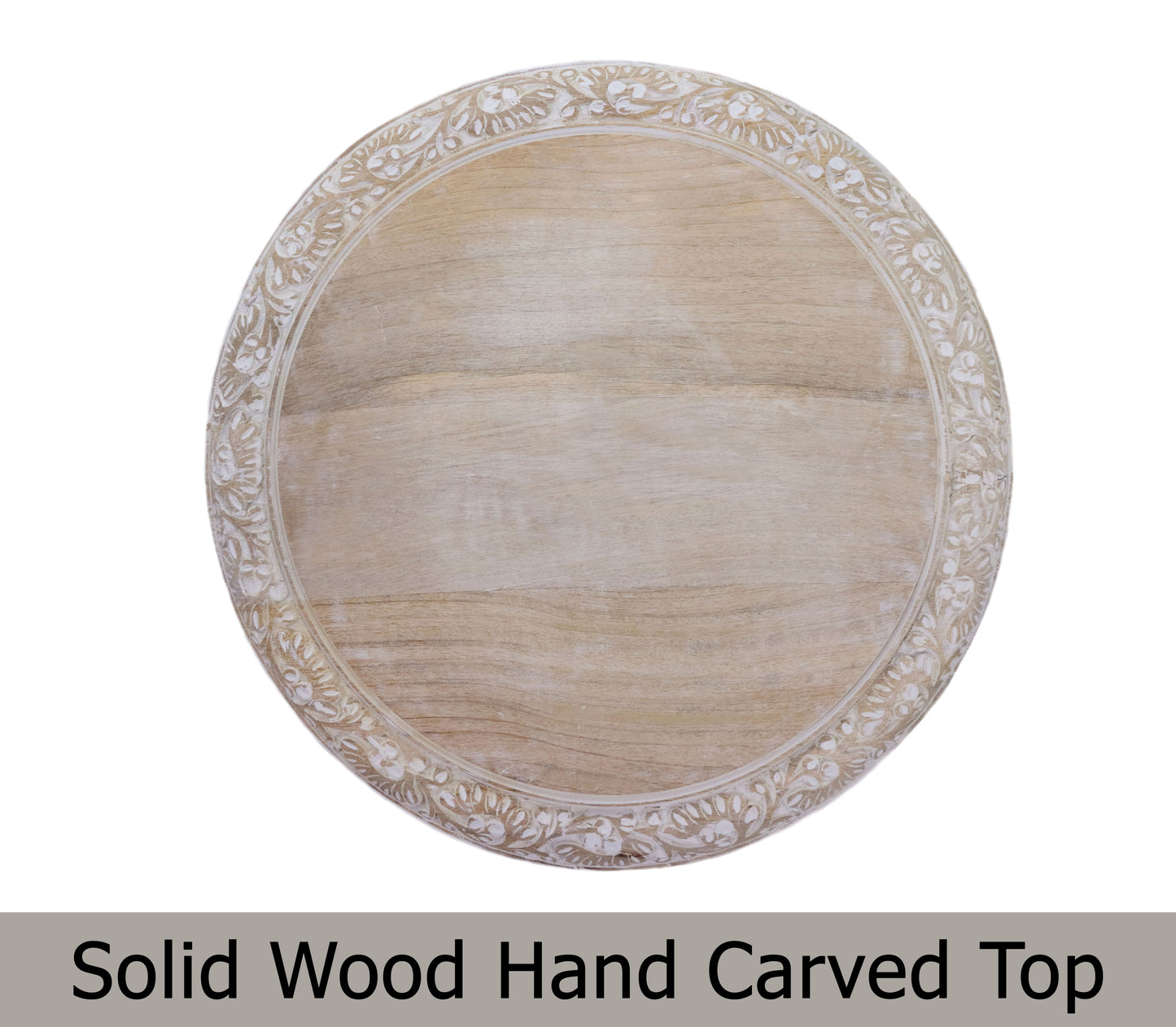 Hand-Carved Round Wood Accent Table with Ornate Leaf Panel Design – 18 x 18 Inches –  Distressed White Finish – No Tools Required, Easy Assembly