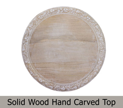 Hand-Carved Round Wood Accent Table with Ornate Leaf Panel Design – 18 x 18 Inches –  Distressed White Finish – No Tools Required, Easy Assembly