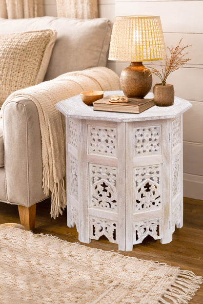 Rustic Hand-Carved Wooden Accent Table with Floral Lattice Panels – Eight-Sided Folding Side Table, Distressed White, 18” x 18”, No Tools Required