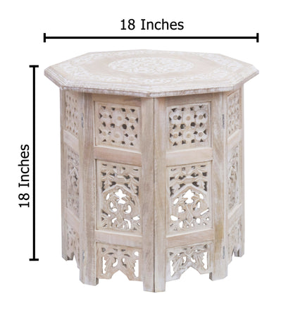 Rustic Hand-Carved Wooden Accent Table with Floral Lattice Panels – Eight-Sided Folding Side Table, Distressed White, 18” x 18”, No Tools Required