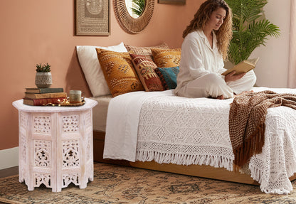 Rustic Hand-Carved Wooden Accent Table with Floral Lattice Panels – Eight-Sided Folding Side Table, Distressed White, 18” x 18”, No Tools Required