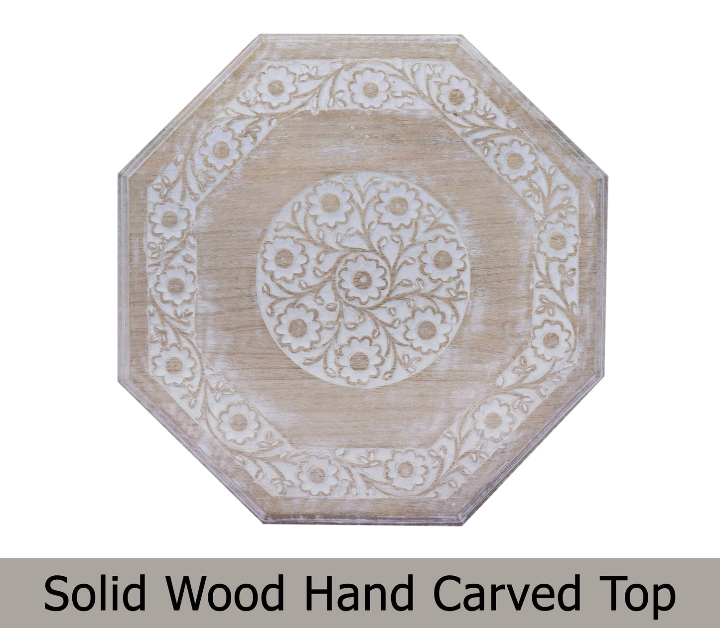 Rustic Hand-Carved Wooden Accent Table with Floral Lattice Panels – Eight-Sided Folding Side Table, Distressed White, 18” x 18”, No Tools Required