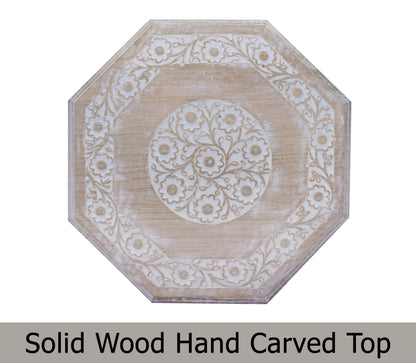 Rustic Hand-Carved Wooden Accent Table with Floral Lattice Panels – Eight-Sided Folding Side Table, Distressed White, 18” x 18”, No Tools Required