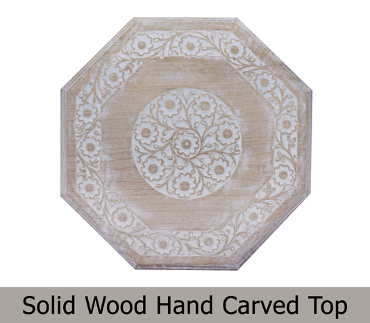 Rustic Hand-Carved Wooden Accent Table with Floral Lattice Panels – Eight-Sided Folding Side Table, Distressed White, 18” x 18”, No Tools Required