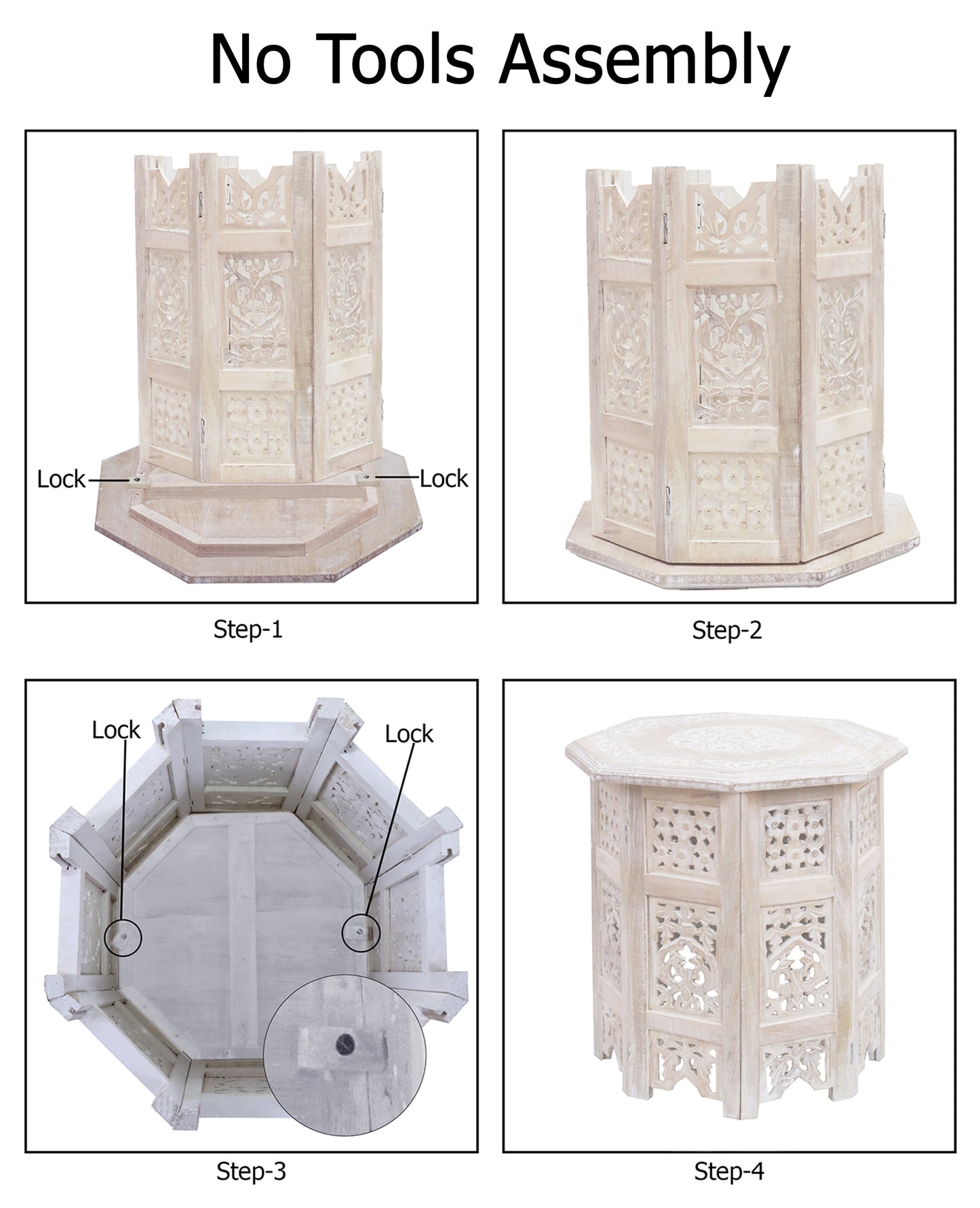 Rustic Hand-Carved Wooden Accent Table with Floral Lattice Panels – Eight-Sided Folding Side Table, Distressed White, 18” x 18”, No Tools Required