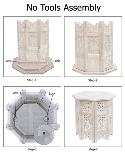 Rustic Hand-Carved Wooden Accent Table with Floral Lattice Panels – Eight-Sided Folding Side Table, Distressed White, 18” x 18”, No Tools Required