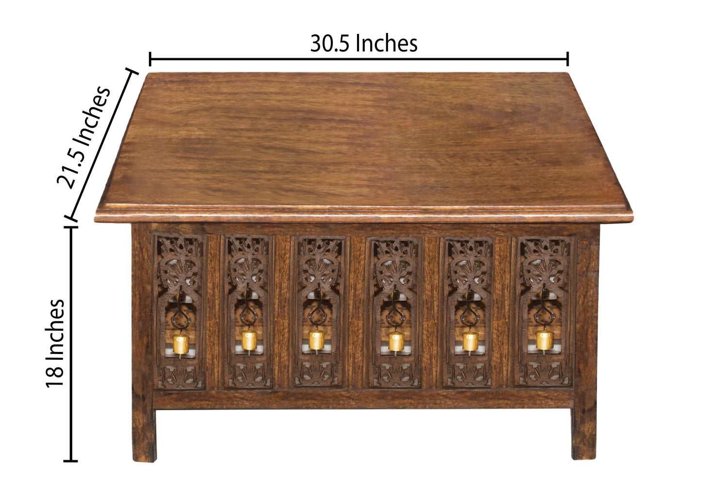 Hand-Carved Solid Wood Accent Table – Ornamental Bells Design – 30.5" × 21.5" ×18"-  Antique Brown – Easy Assembly Required