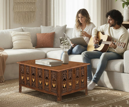 Hand-Carved Solid Wood Accent Table – Ornamental Bells Design – 30.5" × 21.5" ×18"-  Antique Brown – Easy Assembly Required