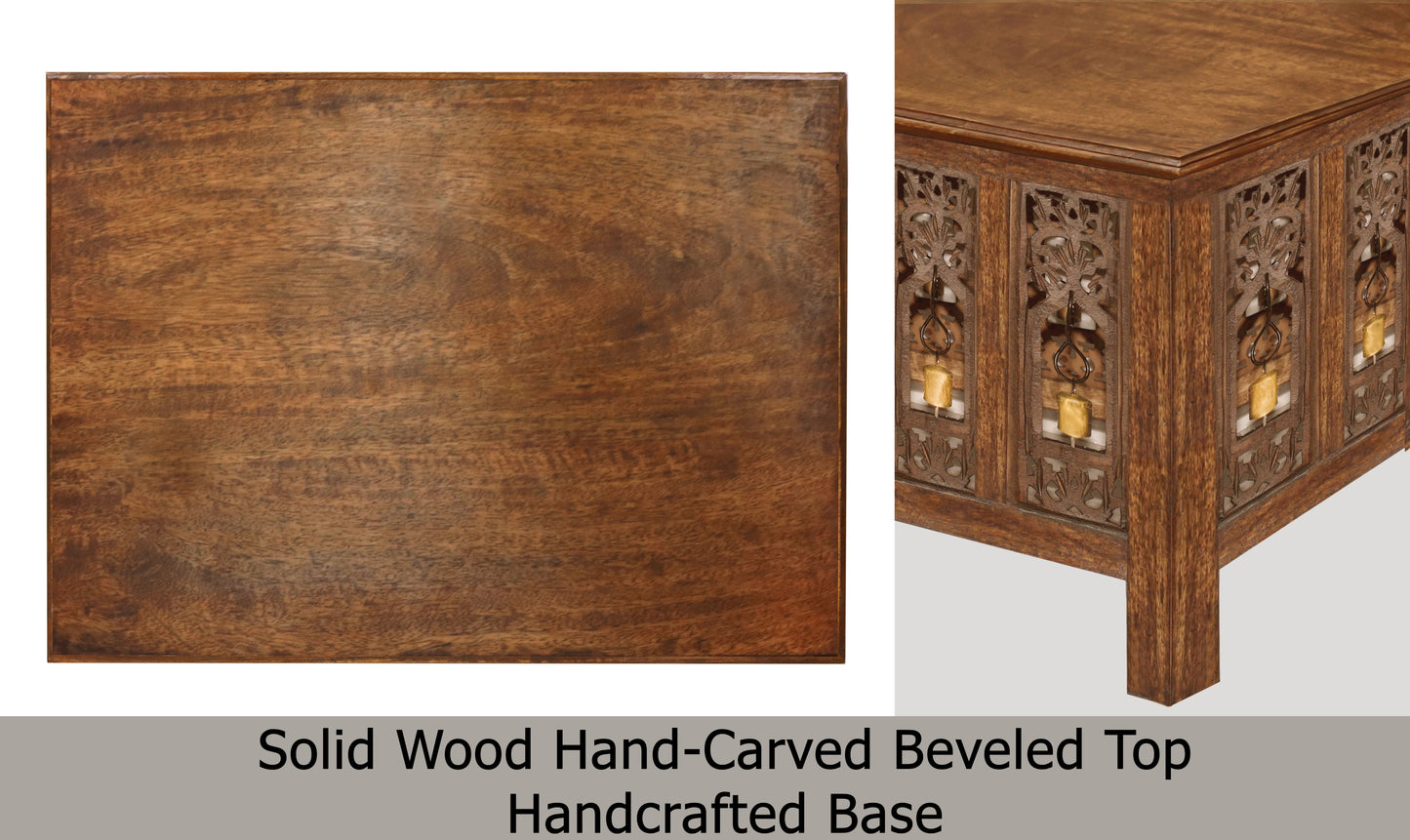 Hand-Carved Solid Wood Accent Table – Ornamental Bells Design – 30.5" × 21.5" ×18"-  Antique Brown – Easy Assembly Required