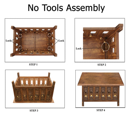Hand-Carved Solid Wood Accent Table – Ornamental Bells Design – 30.5" × 21.5" ×18"-  Antique Brown – Easy Assembly Required