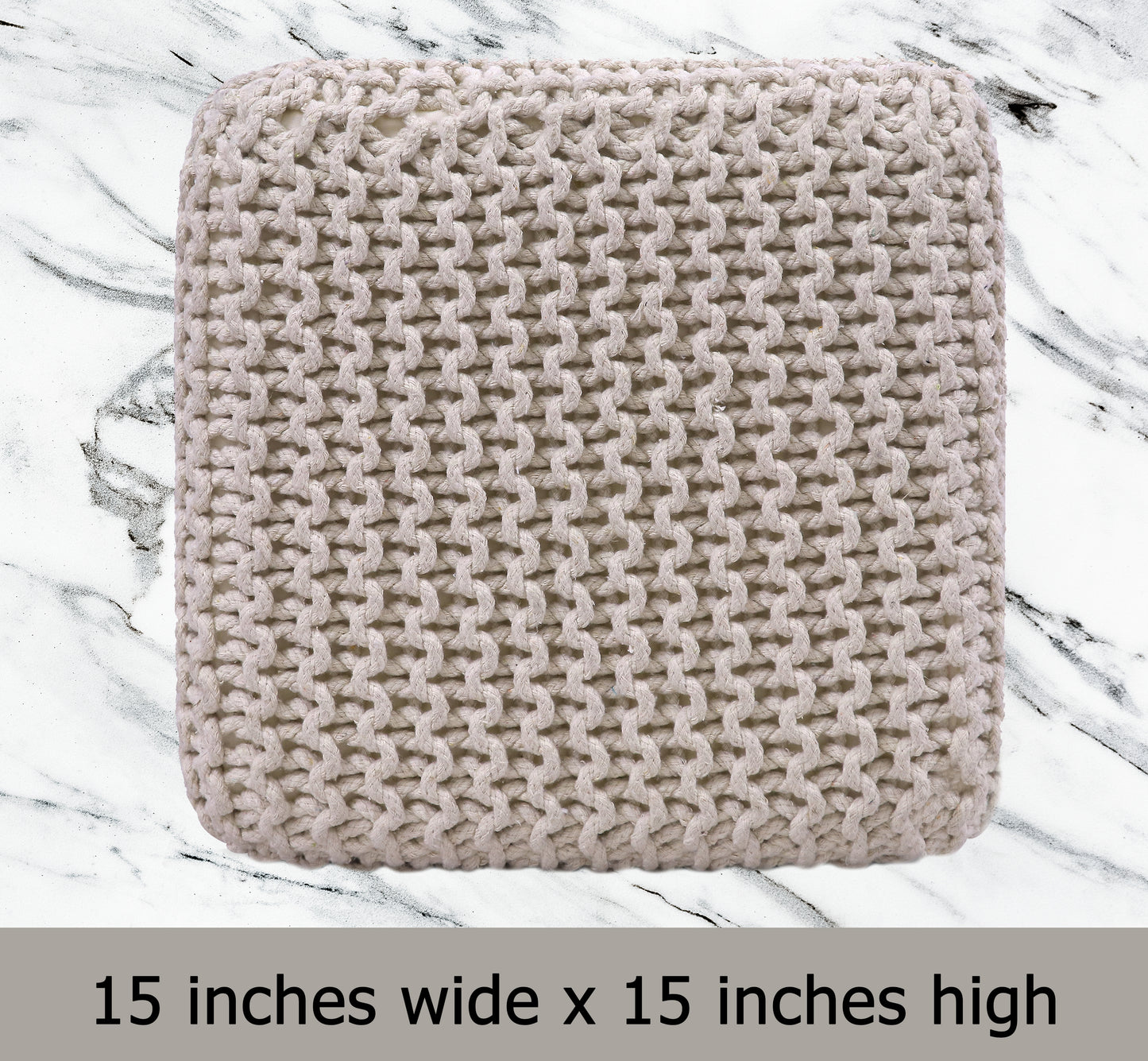 Hand Knitted Cotton Cord Cable Dori Pouf Braided Ottoman 15" x 15" Floor Pouf, Footrest Accent Seat for Living Room, Bedroom & Dorm Décor