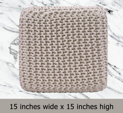 Hand Knitted Cotton Cord Cable Dori Pouf Braided Ottoman 15" x 15" Floor Pouf, Footrest Accent Seat for Living Room, Bedroom & Dorm Décor