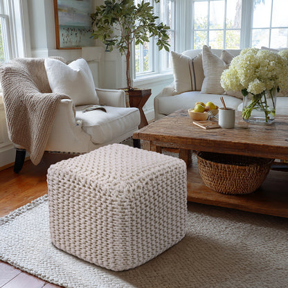 Hand Knitted Cotton Cord Cable Dori Pouf Braided Ottoman 15" x 15" Floor Pouf, Footrest Accent Seat for Living Room, Bedroom & Dorm Décor