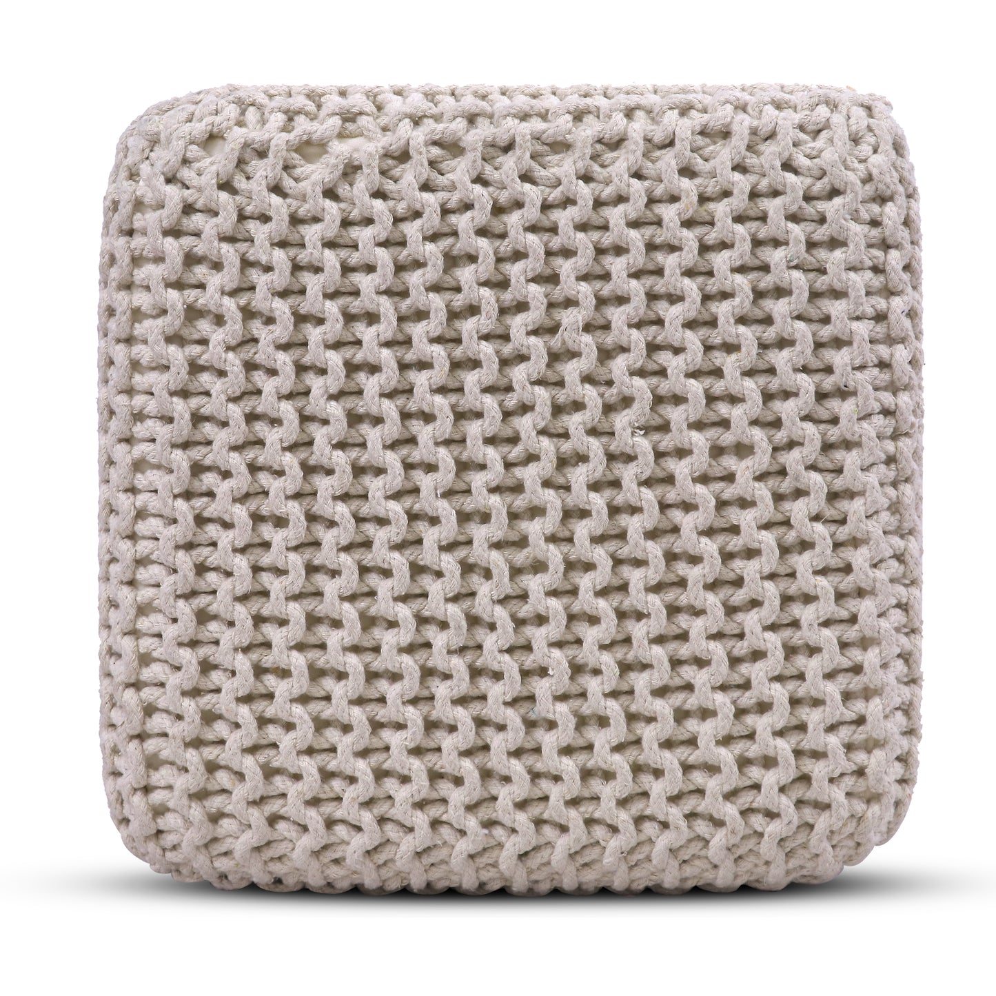 Hand Knitted Cotton Cord Cable Dori Pouf Braided Ottoman 15" x 15" Floor Pouf, Footrest Accent Seat for Living Room, Bedroom & Dorm Décor