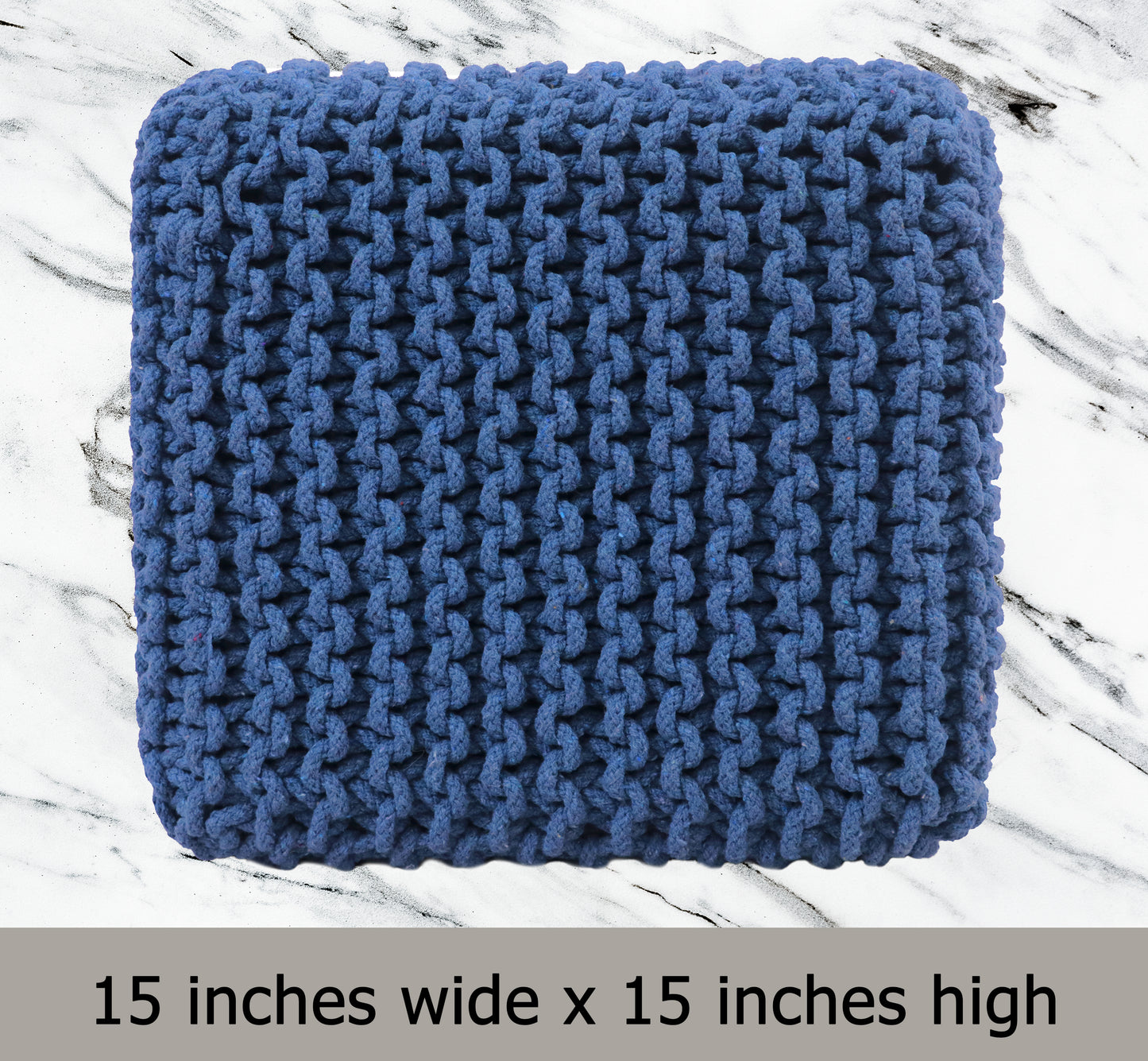 Hand Knitted Cotton Cord Cable Dori Pouf Braided Ottoman 15" x 15" Floor Pouf, Footrest Accent Seat for Living Room, Bedroom & Dorm Décor