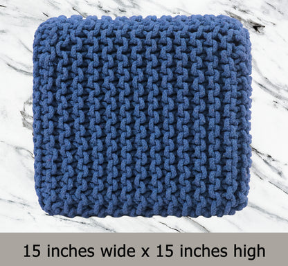 Hand Knitted Cotton Cord Cable Dori Pouf Braided Ottoman 15" x 15" Floor Pouf, Footrest Accent Seat for Living Room, Bedroom & Dorm Décor