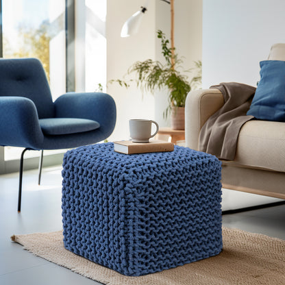 Hand Knitted Cotton Cord Cable Dori Pouf Braided Ottoman 15" x 15" Floor Pouf, Footrest Accent Seat for Living Room, Bedroom & Dorm Décor