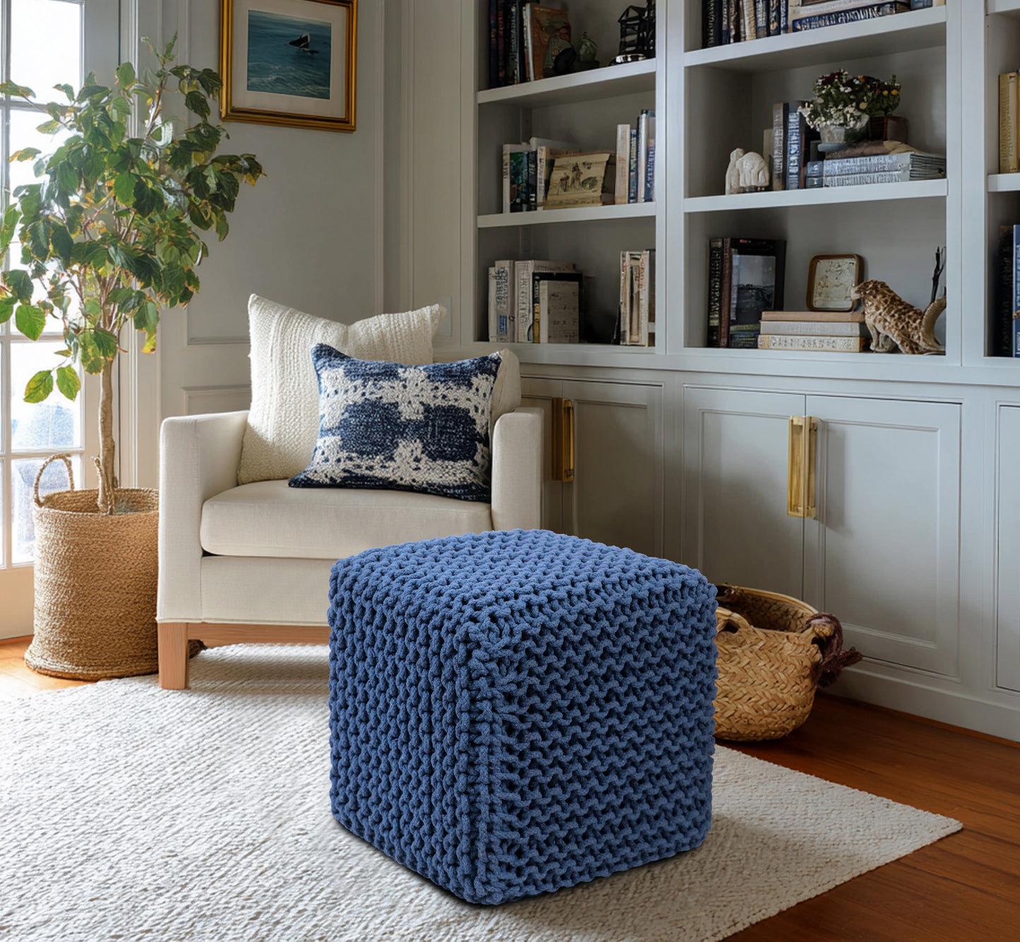 Hand Knitted Cotton Cord Cable Dori Pouf Braided Ottoman 15" x 15" Floor Pouf, Footrest Accent Seat for Living Room, Bedroom & Dorm Décor