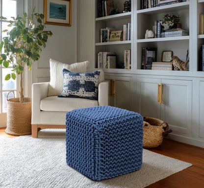 Hand Knitted Cotton Cord Cable Dori Pouf Braided Ottoman 15" x 15" Floor Pouf, Footrest Accent Seat for Living Room, Bedroom & Dorm Décor