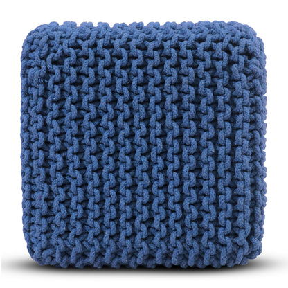 Hand Knitted Cotton Cord Cable Dori Pouf Braided Ottoman 15" x 15" Floor Pouf, Footrest Accent Seat for Living Room, Bedroom & Dorm Décor