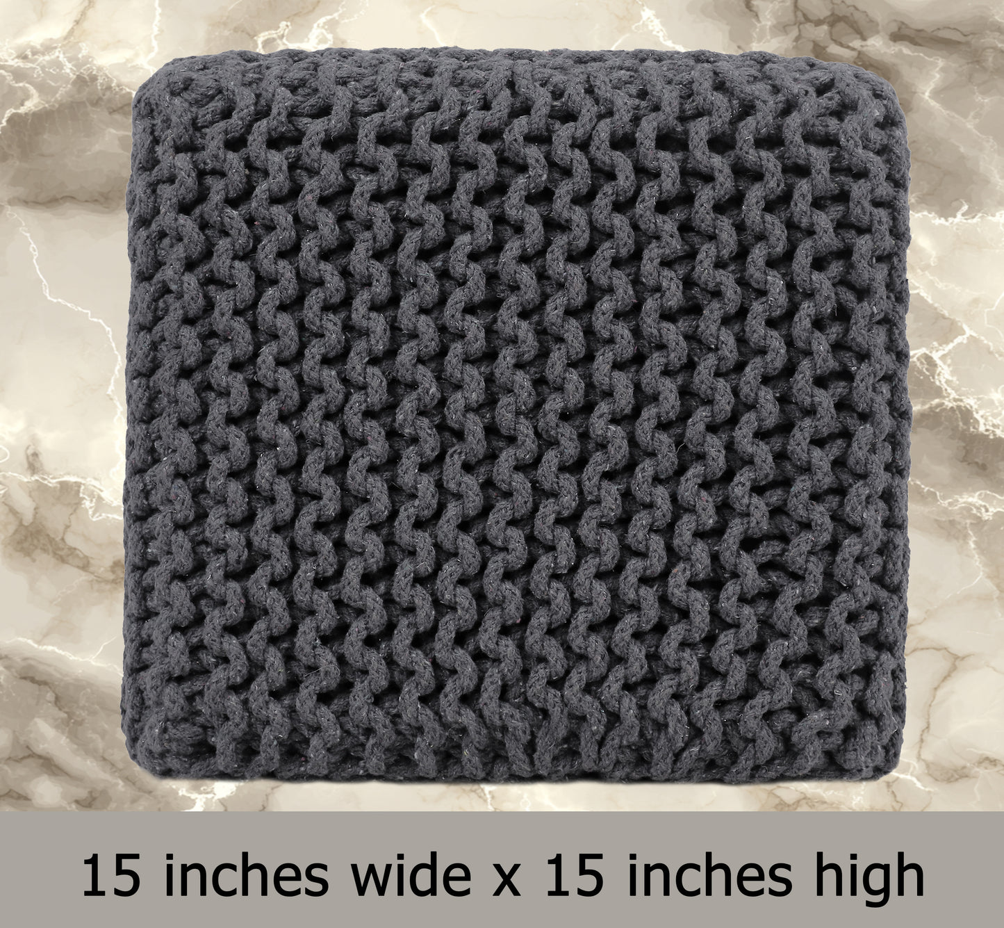 Hand Knitted Cotton Cord Cable Dori Pouf Braided Ottoman 15" x 15" Floor Pouf, Footrest Accent Seat for Living Room, Bedroom & Dorm Décor