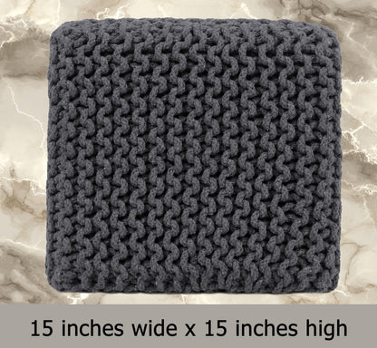 Hand Knitted Cotton Cord Cable Dori Pouf Braided Ottoman 15" x 15" Floor Pouf, Footrest Accent Seat for Living Room, Bedroom & Dorm Décor